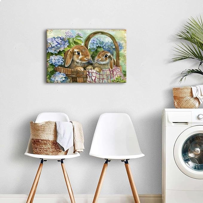 Farmhouse Bunny Wall Art Rabbit Pictures Easter Wall Decor for Bedroom Funny Bunny Canvas Painting Blue Flowers Poster Vintage Wood Grain Prints Artwork Kitchen Living Room Home Decoration 16x24"