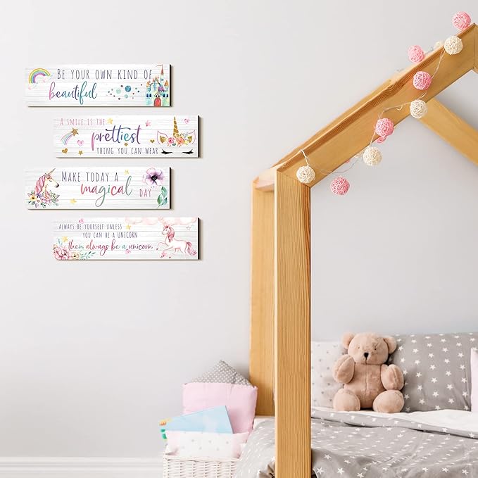 Yulejo Unicorn Wall Decor Girls Rainbow Wall Art Unicorn Room Decor Rainbow Motivational Inspirational Room Bedroom Decorations for Christmas Girl Kids Bedroom Nursery Decoration Gift (Adorable Style)