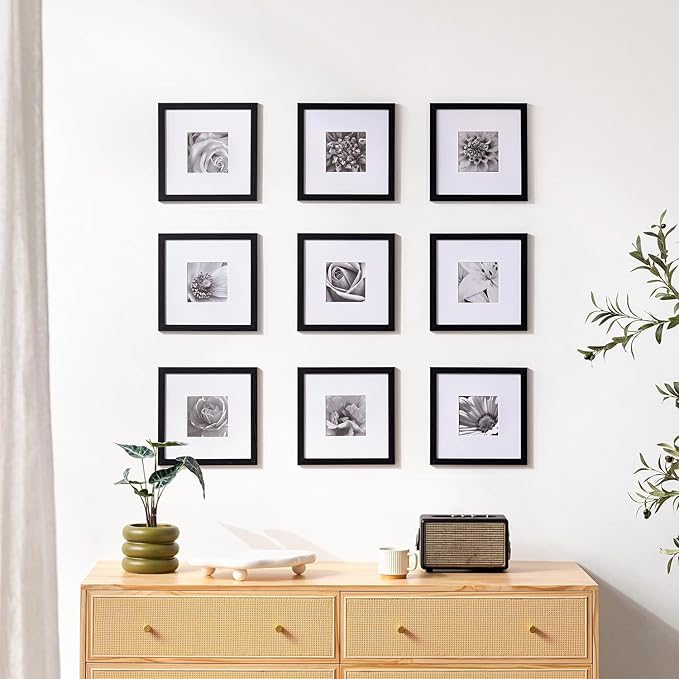 eletecpro 10x10 Picture Frames Set of 9 with Clear Acrylic Cover, Display 5x5 Photos with Mat or 10x10 Without, Classic and Sturdy Square Collage Gallery Wall Decor, Easy Wall Mount, Black