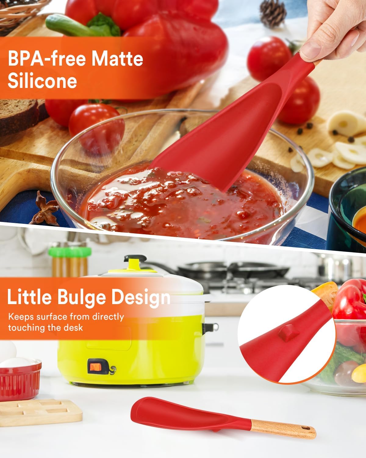 Cooking Spoon for Nonstick Cookwares, Great for Cooking and Serving Sturdy BPA-Free Matte Silicone, Wood Handle Spoon for Mixing, Scoop, and Scrape (2 Pack of Red, 11.4 inch)