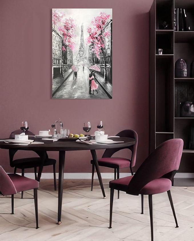 YPY Abstract Paris Canvas Wall Art: Black White Eiffel Tower Hand Painted Oil Painting, Pink and Grey Picture Print Room Decor for Teen Girls Bedroom Bathroom 24" x 36"