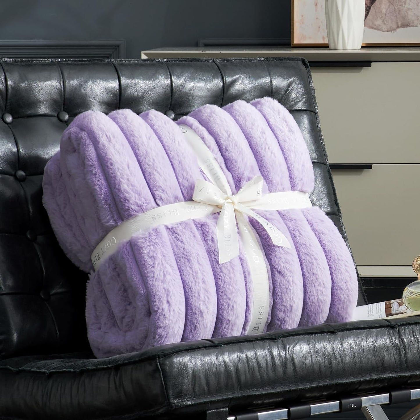 Cozy Bliss Faux Fur Throw Blanket for Couch, Cozy Warm Plush Striped Blanket for Sofa Bedroom Living Room, 60 * 80 Inches Lavender Purple