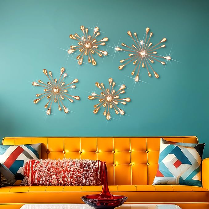 Hicarer 4 Pcs Starburst Wall Decor Bling Wall Art Crystal Teardrop 3D Hanging Rhinestone Radial Metal Artwork Modern Accent Sculptures Decorations for Living Room Home Office Bedroom(Orange)