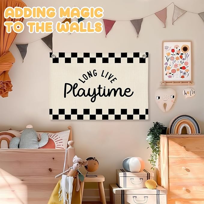 Long Live Playtime Black and White Checkered Boys Room Decor - Linen Banner Wall Hanging Canvas Banner Flag Decor for Toddler Boy Bedroom Nursery Playroom