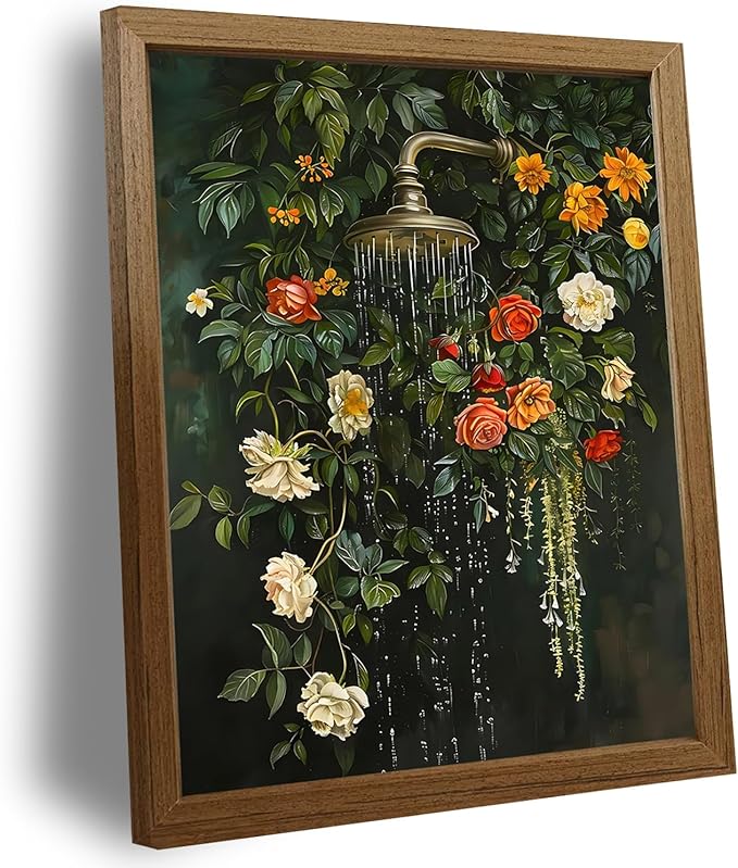 Framed vintage floral wall art Green Botanical Flowers Waterfall Bathroom Wall Decor Boho Spa Aesthetic Flower Artwork for Bathtub Shower Walls Small Bathroom Home Living Room 8x10 inch