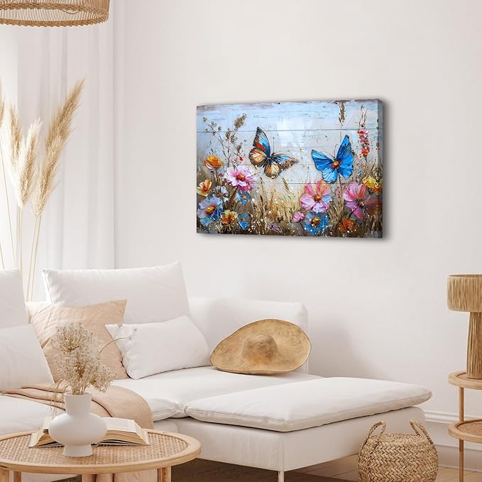 Wildflower Canvas Wall Art Butterfly Picture Wall Decor Rustic Floral Prints Poster Colorful Flowers Painting Abstract Nature Floral Landscape Artwork for Kitchen Living Room Home Decoration 24x36"