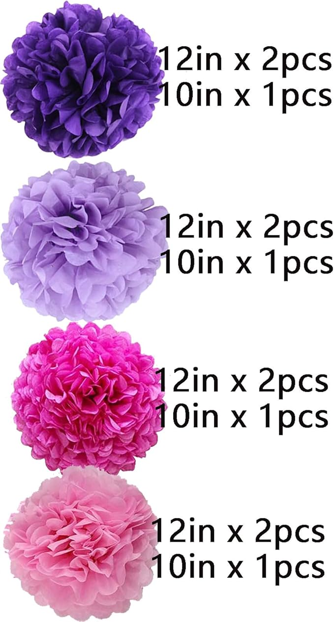 We Moment Purple Pink Tissue Paper Pom Poms for Purple Pink Girl Party Decoration Ceiling Wall Hanging Tissue Pom Poms 12pcs 4 Colors Hot Pink Light Pink Deep Purple Light Purple of 12 Inch 10 Inch