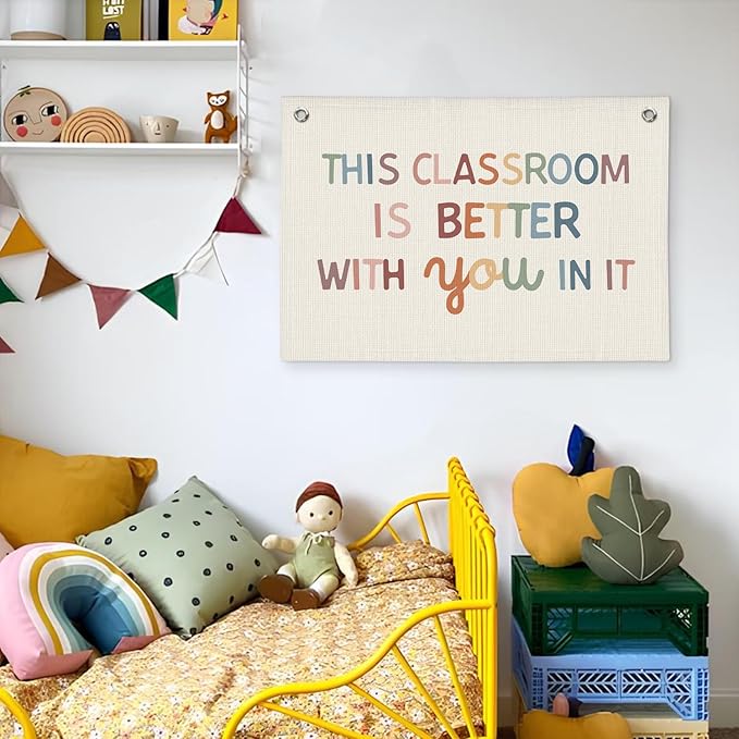 Boho Classroom Decor, Neutral Classroom Wall Decor Welcome Sign, Teacher Back To School Canvas Banner Wall Hanging Flag