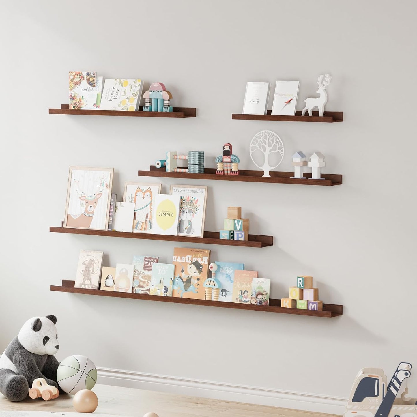 SAUMONIERES Picture Ledge Shelf Floating Book Shelves Set of 2 Wall Mounted Solid Wood for Bedroom Bathroom Living Room Kitchen, 24 Inch Walnut