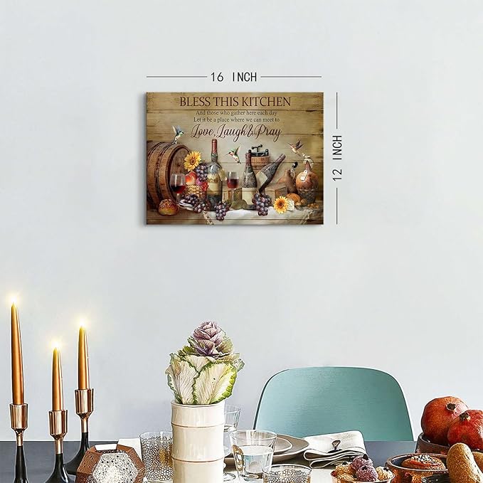 Christian Wall Art Kitchen Wall Decor Rustic Wine Decor Dining Room Pictures Farmhouse Bless This Kitchen Wall Art Gather Sign Canvas Prints Vintage CountryPainting Artwork Home Decorations 12x16"