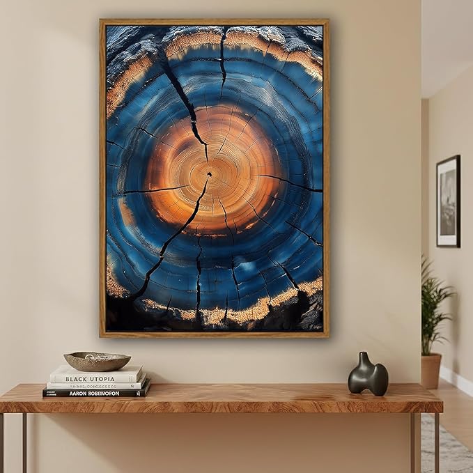IBHJSART Framed Tree Ring Canvas Wall Art Blue Wall Art Wood Stump Painting Prints Modern Minimalist Pictures Neutral Nature Rustic Farmhouse Decor Living Room Bedroom Bathroom Office