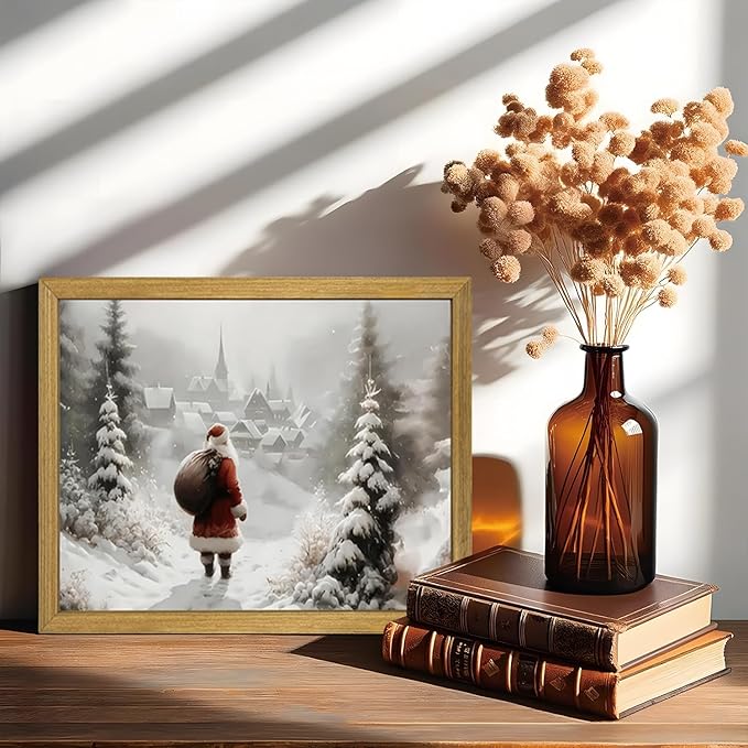 Vintage Christmas Canvas Wall Art, Wood Framed Santa Claus Wall Decor Painting, Rustic Farmhouse Winter Snow Scene Poster Print Picture 8x10 inch, Best Holiday Decor for Living Room Bedroom Home