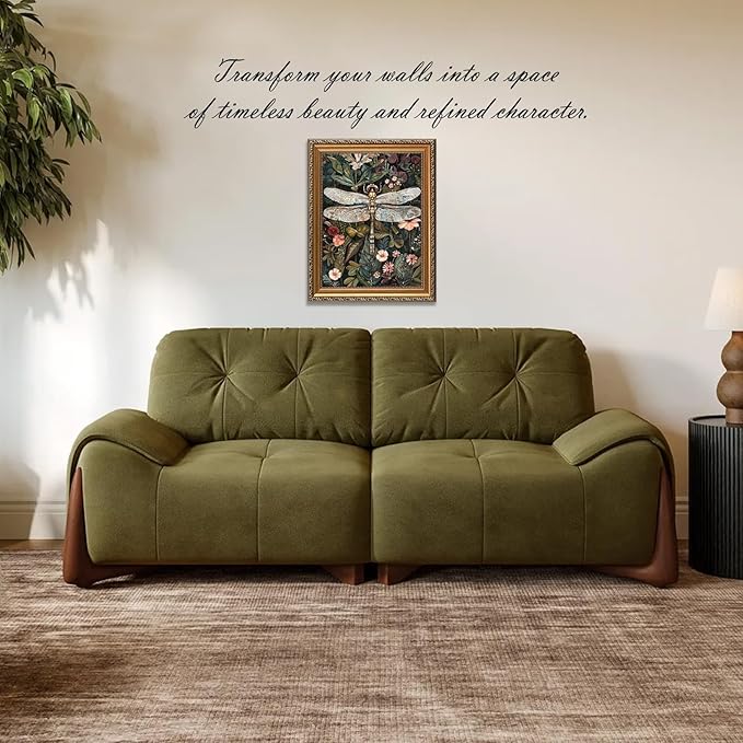 ASTRDECOR Gold Framed Vintage Wall Art, Dark Green Dragonfly & Floral Botanical Wall Decor, Nature Picture Canvas Painting for Living Room Bedroom Bathroom Home Decor, 12"x16"