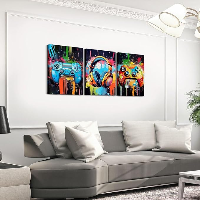 Feelyou Gamer Canvas Wall Art for Bedroom for Boys Girls Game Controller Office Wall Artwork Posters Gaming Bathroom Wall Art for Home Decor 12" x 16" 3 Piece Game Controller Wall Painting