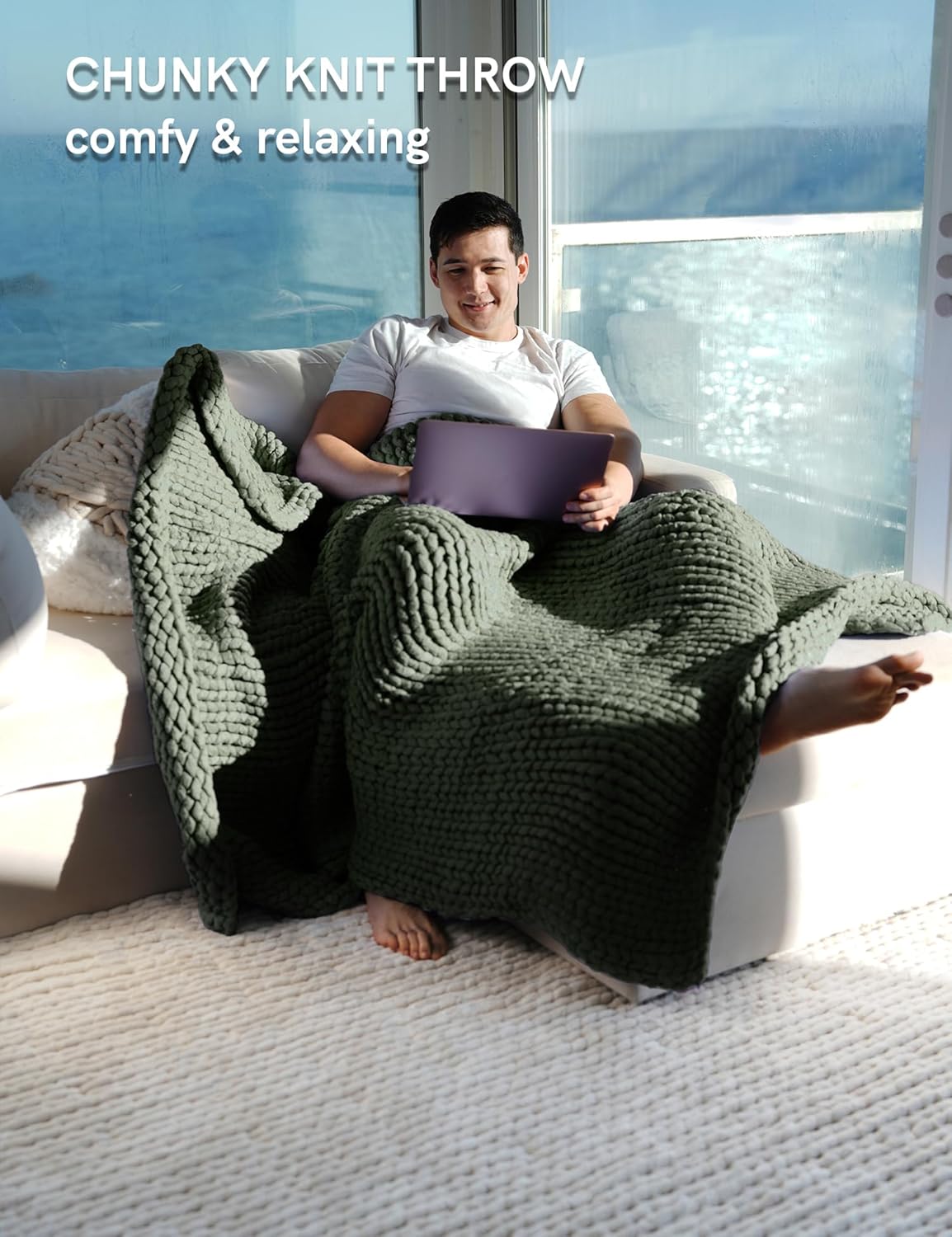 YnM Chunky Throw Blanket, Medium-Weight, Hand Knitted, Skin Friendly, Ventilated and Breathable, Machine Washable, Home Décor Piece for Couch, Sofa and Bed (Olive, 40x50 Inch)