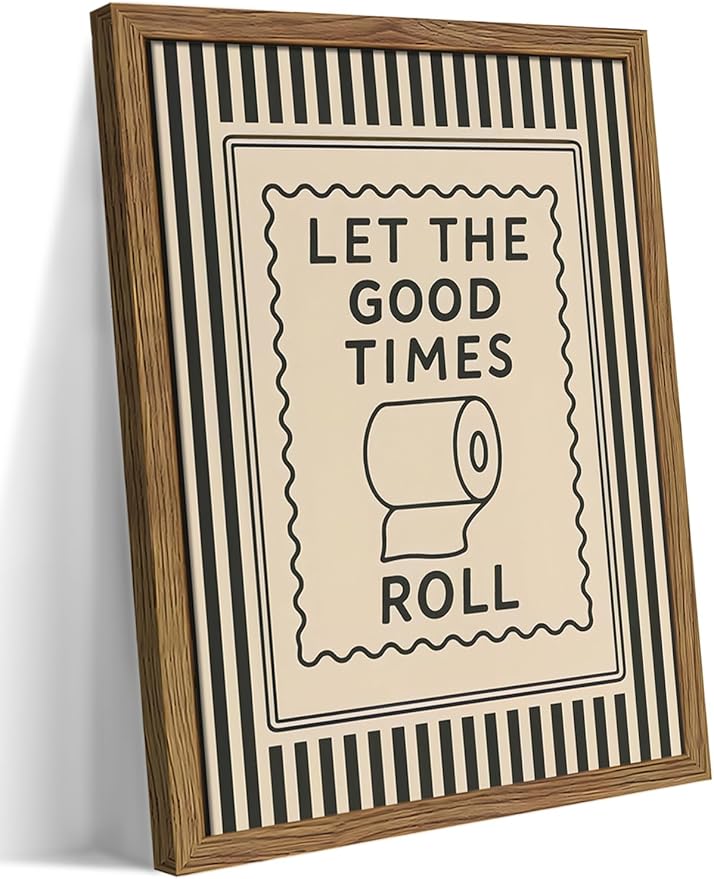 Framed Let The Good Times Roll Bathroom Print, Vintage Funny Toilet Quote Canvas Wall Art, Stripes Bathroom Picture Poster, Downstairs Toilet Painting Wall Decor 12x16 inch