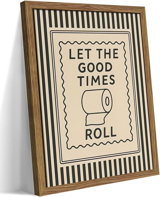 Framed Let The Good Times Roll Bathroom Print, Vintage Funny Toilet Quote Canvas Wall Art, Stripes Bathroom Picture Poster, Downstairs Toilet Painting Wall Decor 12x16 inch