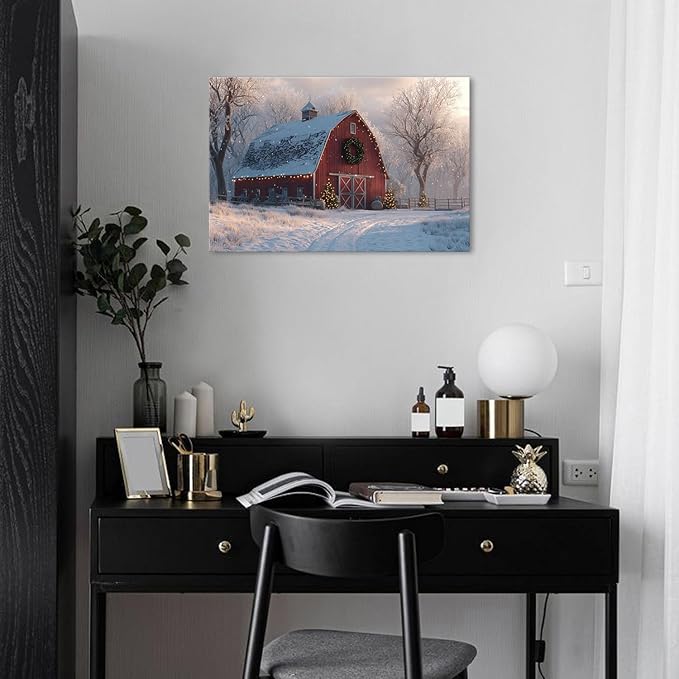 Christmas Farmhouse Canvas Wall Art Red Barn Poster Rustic Snow Country Pictures Wall Decor Winter Scenic Painting Artwork Christmas Tree Prints Picture for Kitchen Dining Room Home Decorations 16x24"