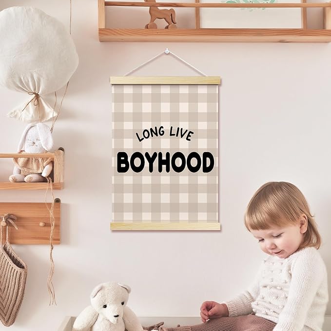 Long Live Boyhood Posters Hanger Frame for Boys Room Checkered Hanging Poster for Bedroom Kids Room Classroom Decor Wall Art Decor for Nursery Playroom Canvas Wall Art Print 16x12 Inches - YY042