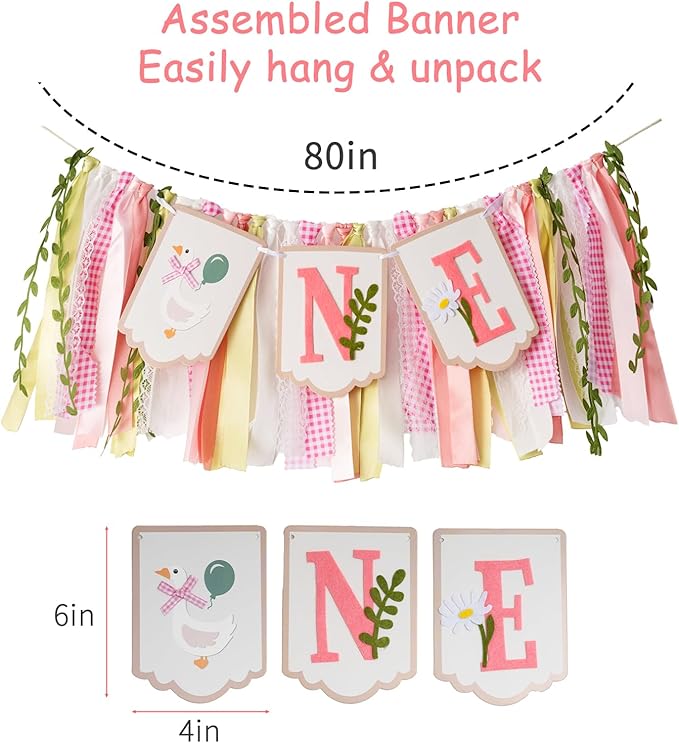 Pre - stung Silly Goose High Chair Banner for Girls1st Birthday - Pink & Gold Baby Girl Cake Smash Cake Smash Props, Premium First Birthday ONE Banner Party Decoration