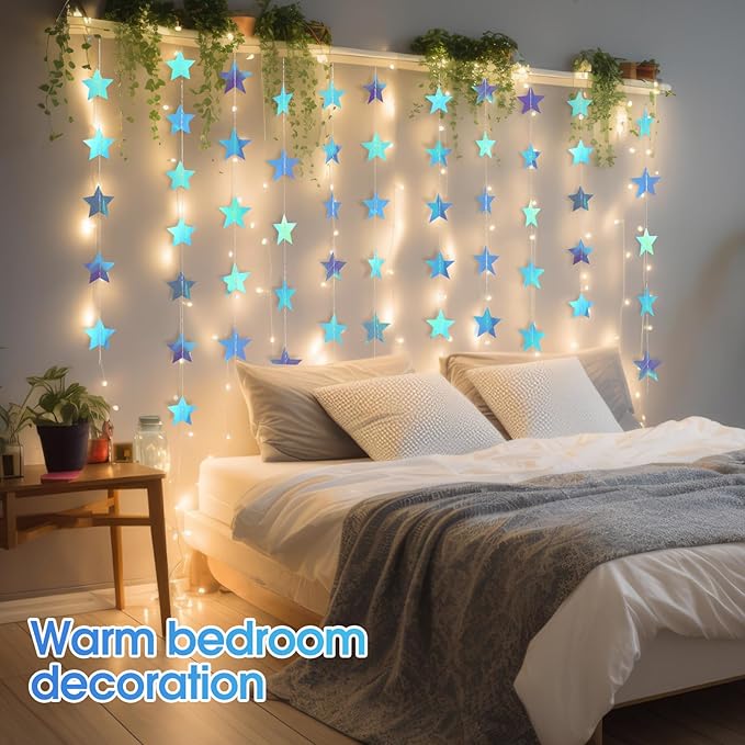 Patelai Glitter Star Garland Banner 2026 Graduation Decor 130 Feet Star Hanging Banner Twinkle Backdrop for Party Birthday Classroom Wedding Supplies(Iridescent Blue)