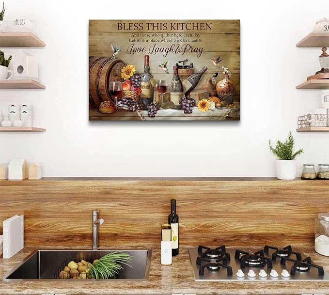 Rustic Kitchen Wall Art Farmhouse Dining Room Decor Wine Wineglass Wall Decor Positive Quotes Picture Canvas Prints Bless This Kitchen Poster Inspirational Painting Artwork Home Decoration 24x36"