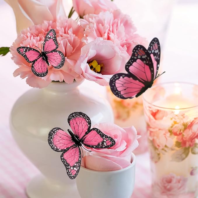 Chuangdi 48 Pcs Pink Monarch Butterfly Decorations 3 Size Fake Butterflies Realistic Butterfly Craft Artificial Mariposas Wall Decor for Craft Wedding Home Birthday Party (3.2inch,4inch,4.7inch)