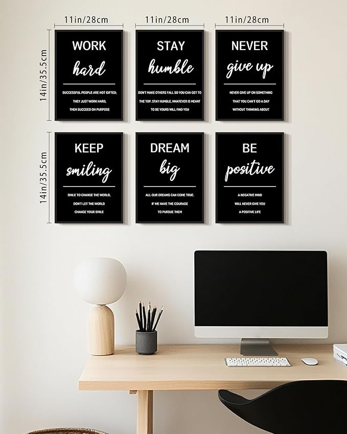 KUVIOKE Inspirational Framed Wall Art Motivational Quotes Wall Decor Encouraging Office Posters Sayings for Classroom Bedroom Living Room Ready to Hang Set of 6, 11x14in (Black Framed)