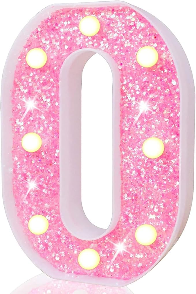 Pooqla Marquee Numbers Lights, Light Up Pink Numbers, Glitter Number Night Light Battery Powered Birthday Gift for Boys Girls Christmas Wedding Home Bar Party Decoration, Pink 0