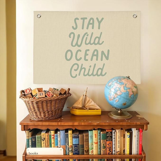 Stay Wild Ocean Child Linen Canvas Banner, Nursery Kids Room Playroom Home Decor, Baby Kids Boy Girl Gift, Beach House Decor 30x20 Inch