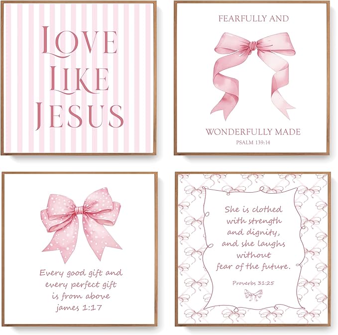 LARTSFRO Coquette Pink Bow Jesus Wall Art Decor Posters, Light Pink Bow Christian Room Bathroom Bedroom Dorm Wall Art Decor Aesthetic for College Teen Girls Gifts, Inspirational Bible Verses Bow Wall Decor, 8x8 Inch Set of 4 Bow Pictures(UNFRAMED)