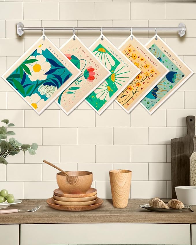 Swedish Dishcloths for Kitchen - 5 Pack Reusable Dish Cloths for Washing Dishes Absorbent Cute Funny Kitchen Towels Cleaning Sponge, Cartoon Flower
