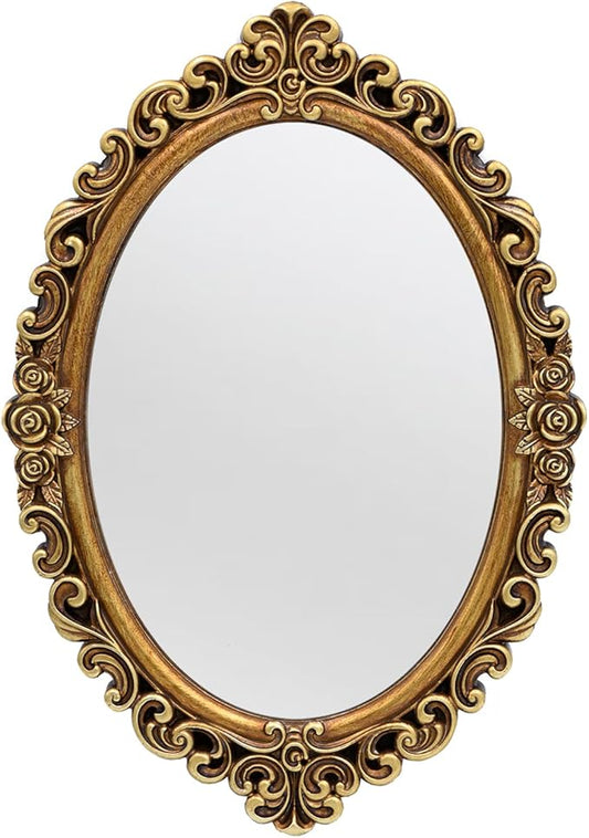 OIGUMR Small Oval Wall Mirror Resin Frame Size：15.7 x 11.2 inch.Vintage Hanging Mirrors for Bedroom Living-Room Dresser Decor Gold