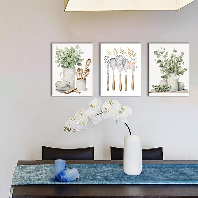 AOYUSMO 3 Piece Canvas Wall Art Kitchen Wall Art Sage Green Pictures Botanical Paintings Farmhouse Artwork Eucalyptus Nature Art Prints for Dining Room 16"x24"
