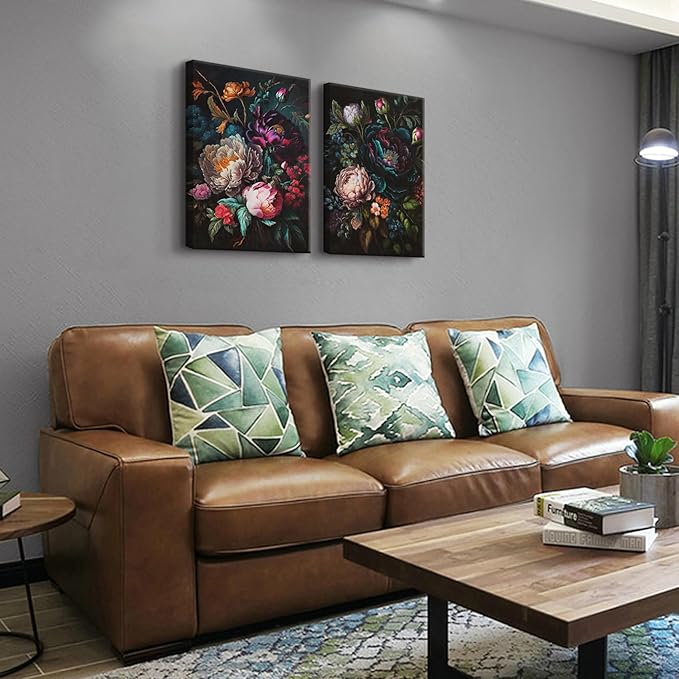 BRPXJRA 2 Pcs Moody Floral Wall Art Dark Flower Wall Decor Painting Vintage Baroque Peony Canvas Prints Botanical Still Life Pictures for Living Room Bedroom Bathroom 16x24 In Ready to Hang