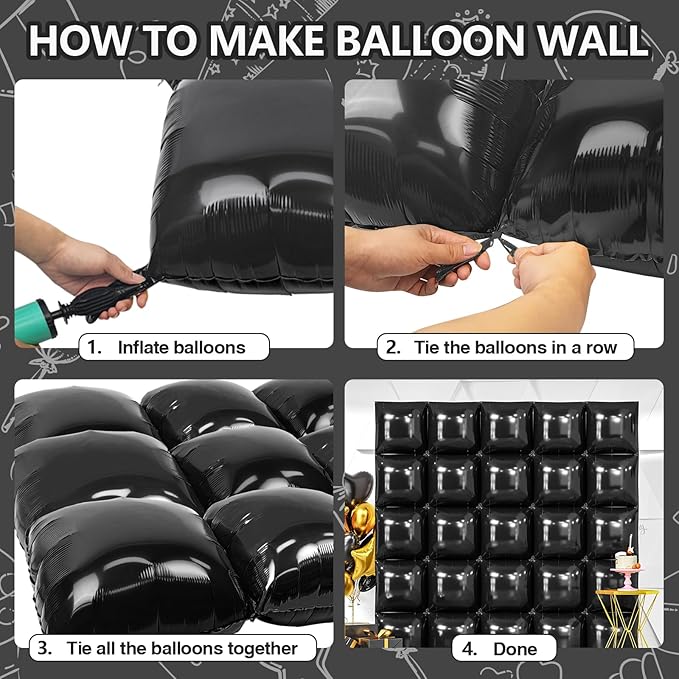 NISOCY 25PCS Black Square Foil Balloons Wall Backdrop Metallic Double Sided Black Balloon Tunnel Arch Kit for 2026 New Year Birthday Baby Shower Graduation Party Decorations