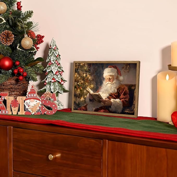 Framed Vintage Christmas Canvas Wall Art, Santa Claus Reading Book Paintings Wall Decor, Rustic Winter Holiday Pictures Prints for Living Room Bedroom Home Decoration 16×24 inch