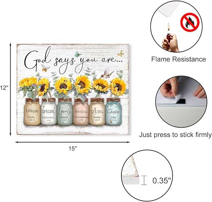 Inspirational Bible Verse Wall Art: God Says You Are Wall Sayings Sunflower in Mason Jar Picture Print Christian Gift Quotes Poster for Women Girl Bedroom Decor 12" x 15"