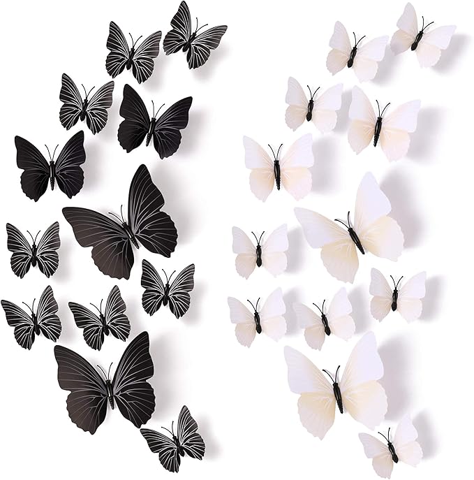 24pcs 3D Vivid Special Man-Made Lively Butterfly Wall Stickers Removable Butterflies Wall Decals 3D Nursery Art Decor for Kids Girls Bedroom Living Room Classroom Party Decoration White & Black