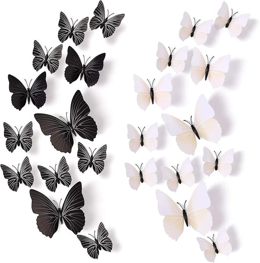 24pcs 3D Vivid Special Man-Made Lively Butterfly Wall Stickers Removable Butterflies Wall Decals 3D Nursery Art Decor for Kids Girls Bedroom Living Room Classroom Party Decoration White & Black
