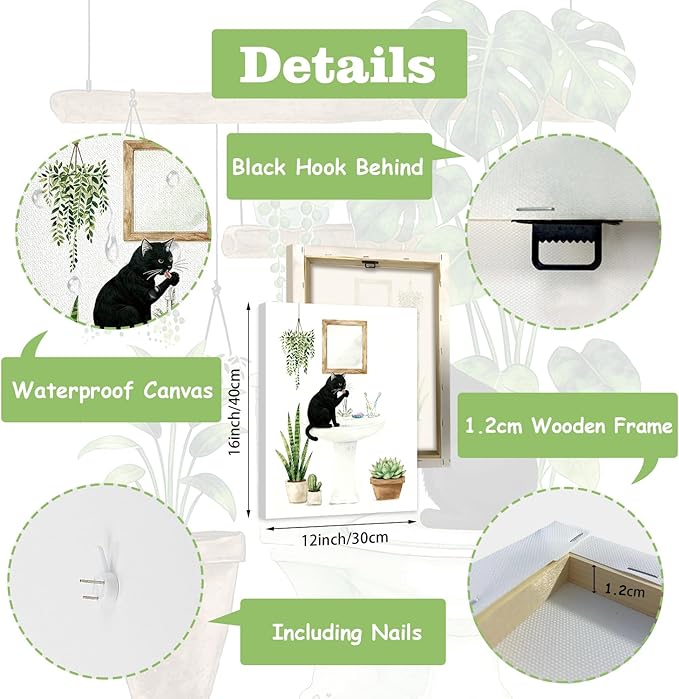 CHDITB Black Cat Bathroom Canvas Wall Art Set of 3, Funny Cat Watercolor Painting, Botanical Cats Wall Decor, Boho Plants Poster, Cute Kitten Art Prints For Restroom Laundry Room Decor(12X16 Inch)