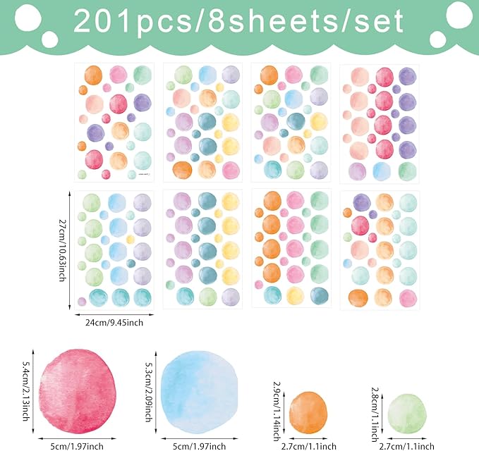 201 Pcs Watercolor Polka Dots Wall Decals, Peel and Stick Boho Rainbow Wall Stickers, Multicolor Circle Wall Decor,Pastel Colorful Round Decoration for Girls Bedroom Kids Nursery Classroom Playroom