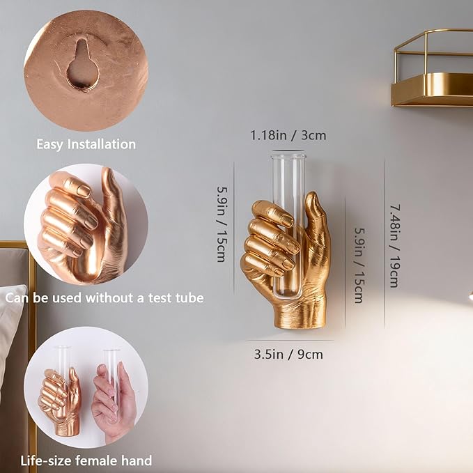 Gold Wall Hand Vase,Vintage Art Decor,Life-Size Hand Sculpture with Glass Test Tube Vase,Unique Wall Art Statue for Indoor or Outdoor,Maximalist Boho Whimsical Decor, for Women
