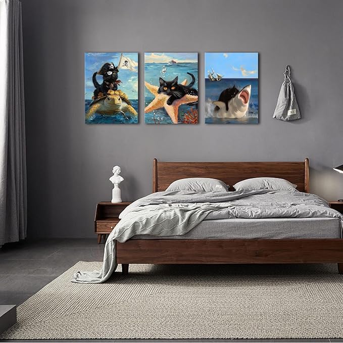 Framed Black Cat Wall Art Funny Cat Shark Turtle Starfish Canvas Wall Decor Ocean Abstract Black Cat Posters Pictures Print for Bedroom Living Room Bathroom 16x24 In