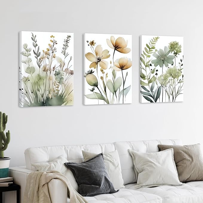 Sage Green Botanical Wall Art Set of 3 Boho Floral Art Wall Decor Minimalist Flower Posters Prints Pictures for Living Room Bedroom Bathroom or Entryway Decoration16x24 Inch Framed