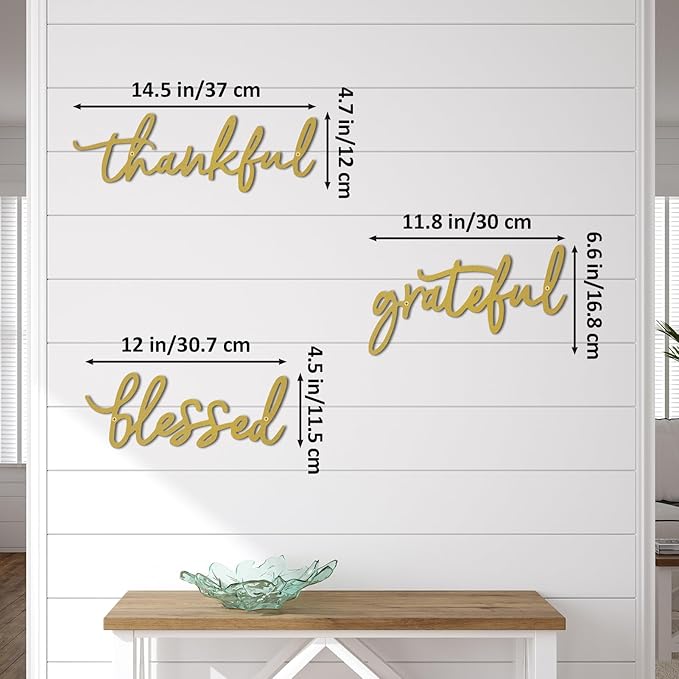 Thankful Grateful Blessed Letter Sign Metal Wall Decor, 3 Piece Gold Letters Wall Art for Bathroom Bedroom Metal Words Wall Decor for Home Decor (Gold)