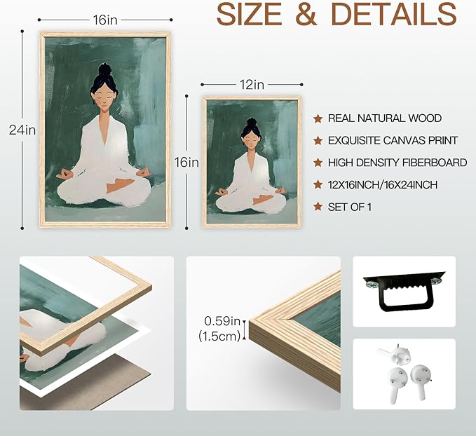 GELDSTEI Wood Framed Zen Wall Art, Tranquil Meditation Wall Decor, Yoga Girl Canvas Painting, Spiritual Aesthetic Picture, Calming Mindfulness Poster Print for Living Room Spa Yoga Studio 16x24 Inch