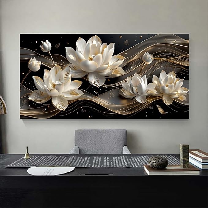 Bamdeya Abstract Wall Art Living Room Large Canvas Pictures White Flower Wall Art Petals Poster Browm Artwork for Walls Bedroom Wall Decor Modern Framed Bathroom Office Home Decorations