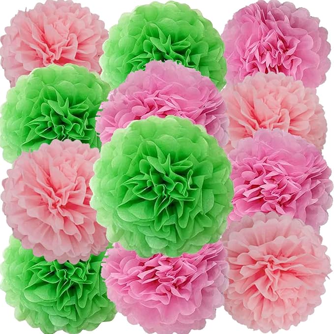 We Moment Green Pink Light Pink Paper Pom Poms Flowers for Birthday Party Decoration - Ceiling Wall Hanging Tissue Flowers - 12pcs 3 Colors