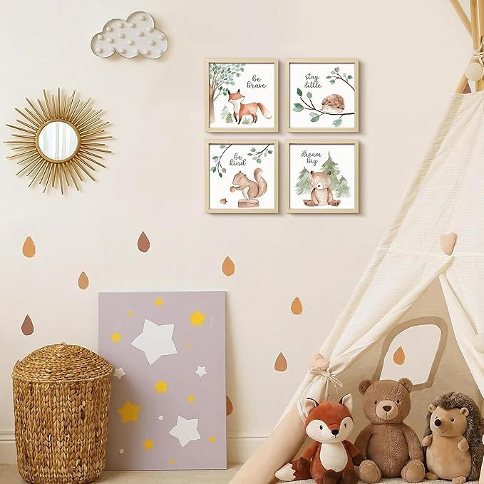 ArtbyHannah Framed Woodland Nursery Wall Decor, 8x8 Inch Cute Baby Safari Wall Art, Green Kids Art Frame with Forest Animals Prints for Playroom Classroom Bathroom Baby Shower Decoration(4 Pack)